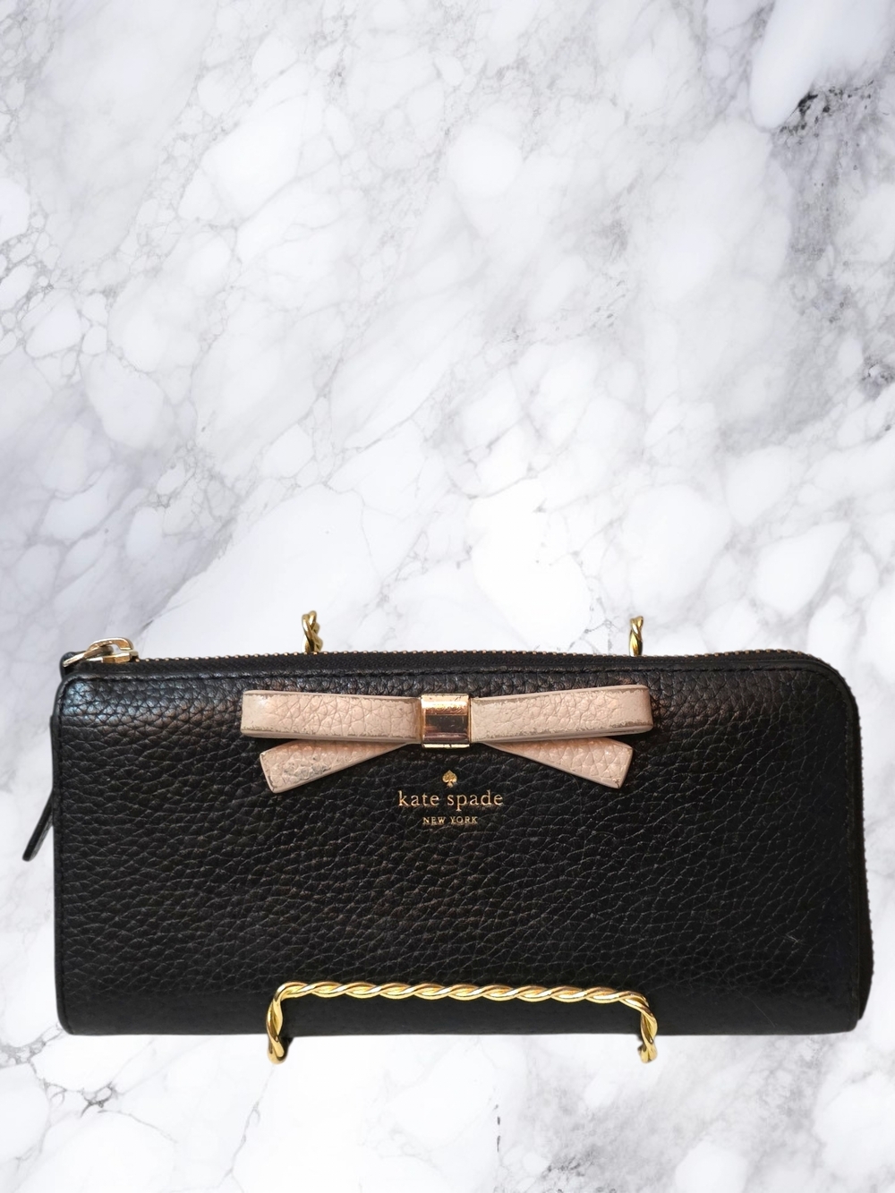 Kate Spade Black Pebbled Leather Zip Around Wallet Ivory Bow Large Continental